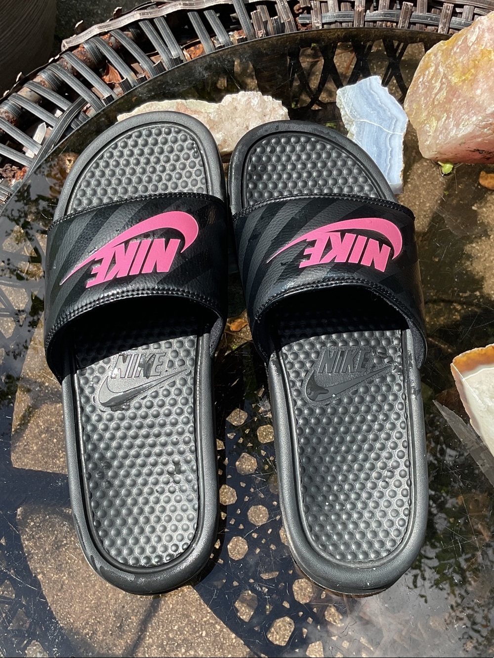 Nike Black Slide Sandals with Pink Logo, Size 10
